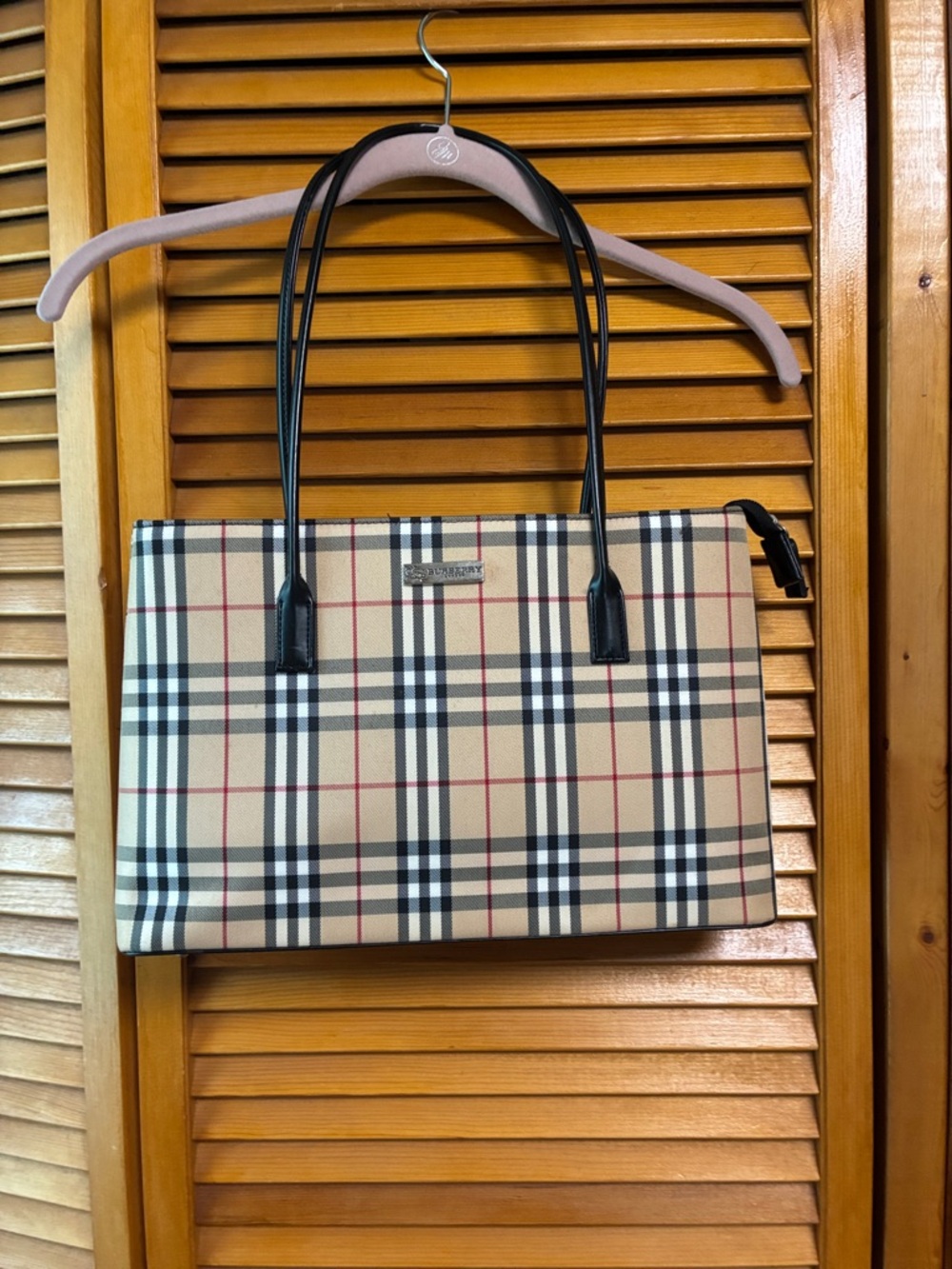 Classic Plaid Tote Bag in Beige with Black Trim length 14”high 9”wide 3”